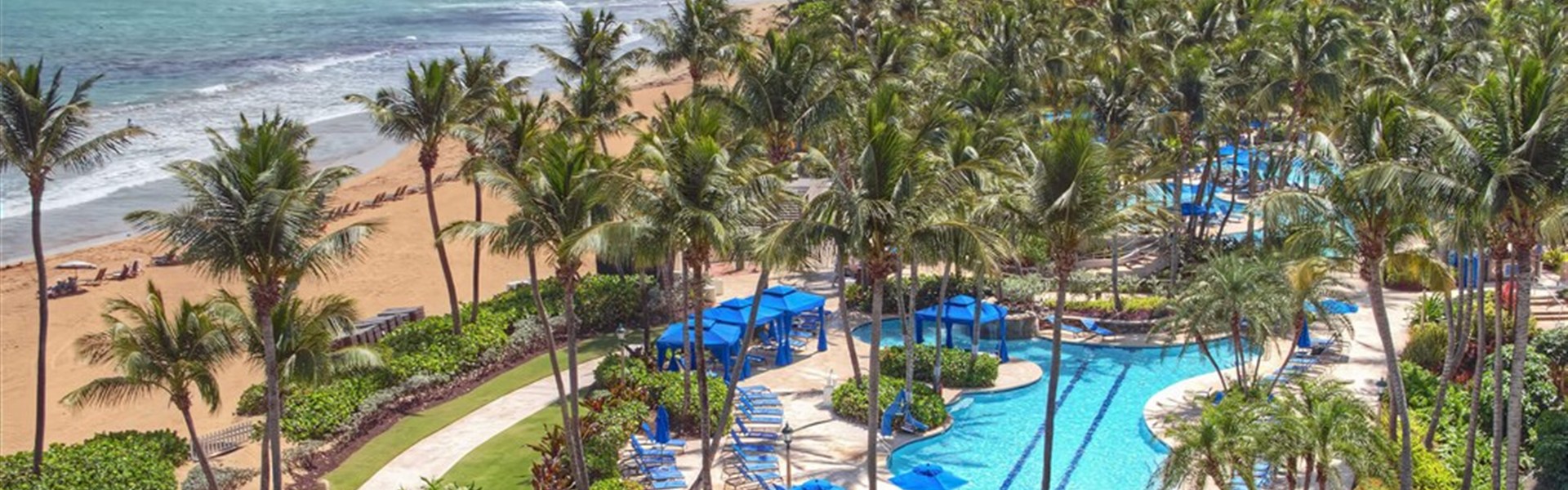 Marco Polo - Wyndham Grand Rio Mar - Pohled na Wyndham Grand Rio Mar Rainforest Beach and Golf Resort s pláží, palmami a bazénovým areálem v oblasti Río Grande v Portoriku.