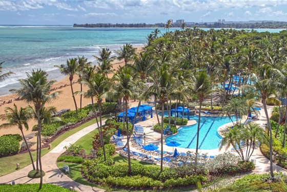 Marco Polo - Wyndham Grand Rio Mar - Pohled na Wyndham Grand Rio Mar Rainforest Beach and Golf Resort s pláží, palmami a bazénovým areálem v oblasti Río Grande v Portoriku.
